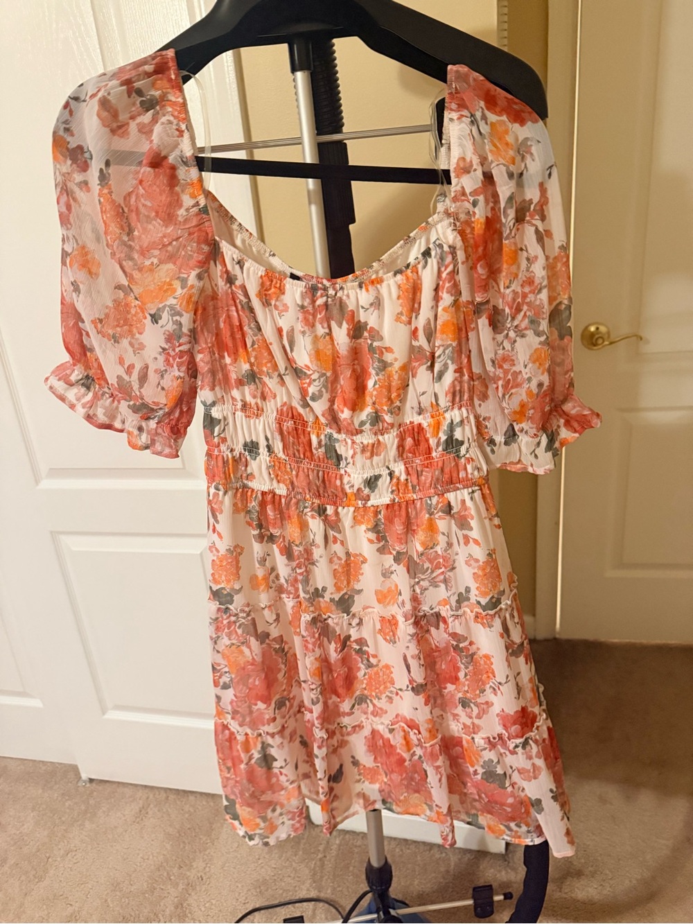 Floral Off-Shoulder Smocked Waist Mini Dress - Coral/White